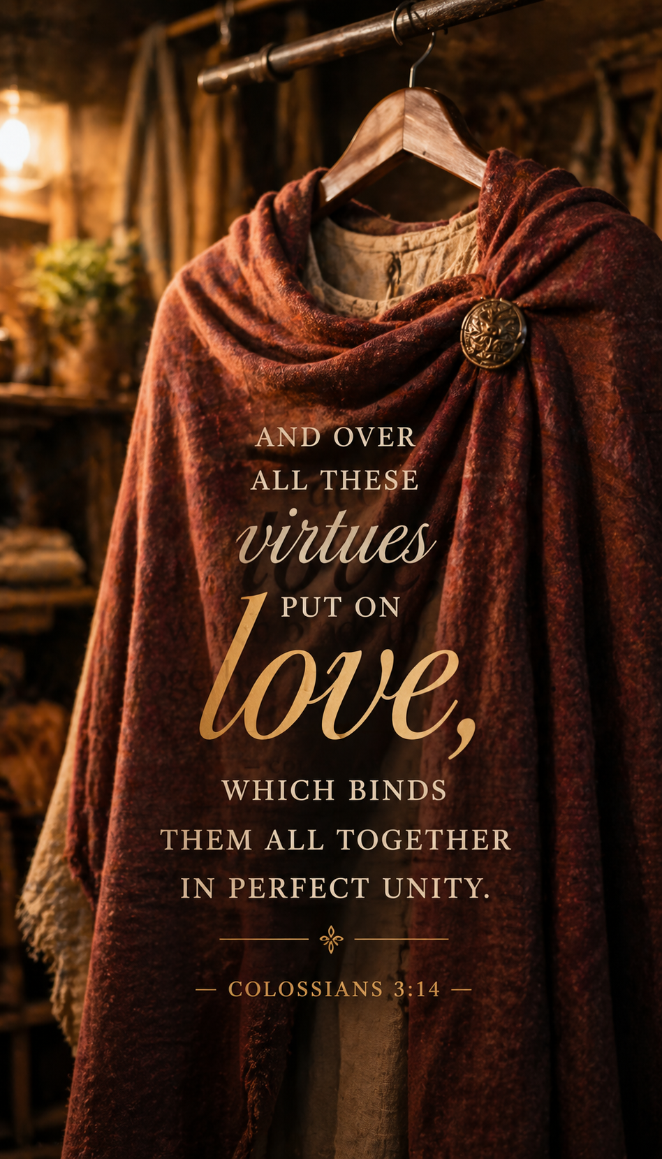 Colossians 3:14 phone wallpaper with ornate cloak on hanger in warm golden light with vintage setting